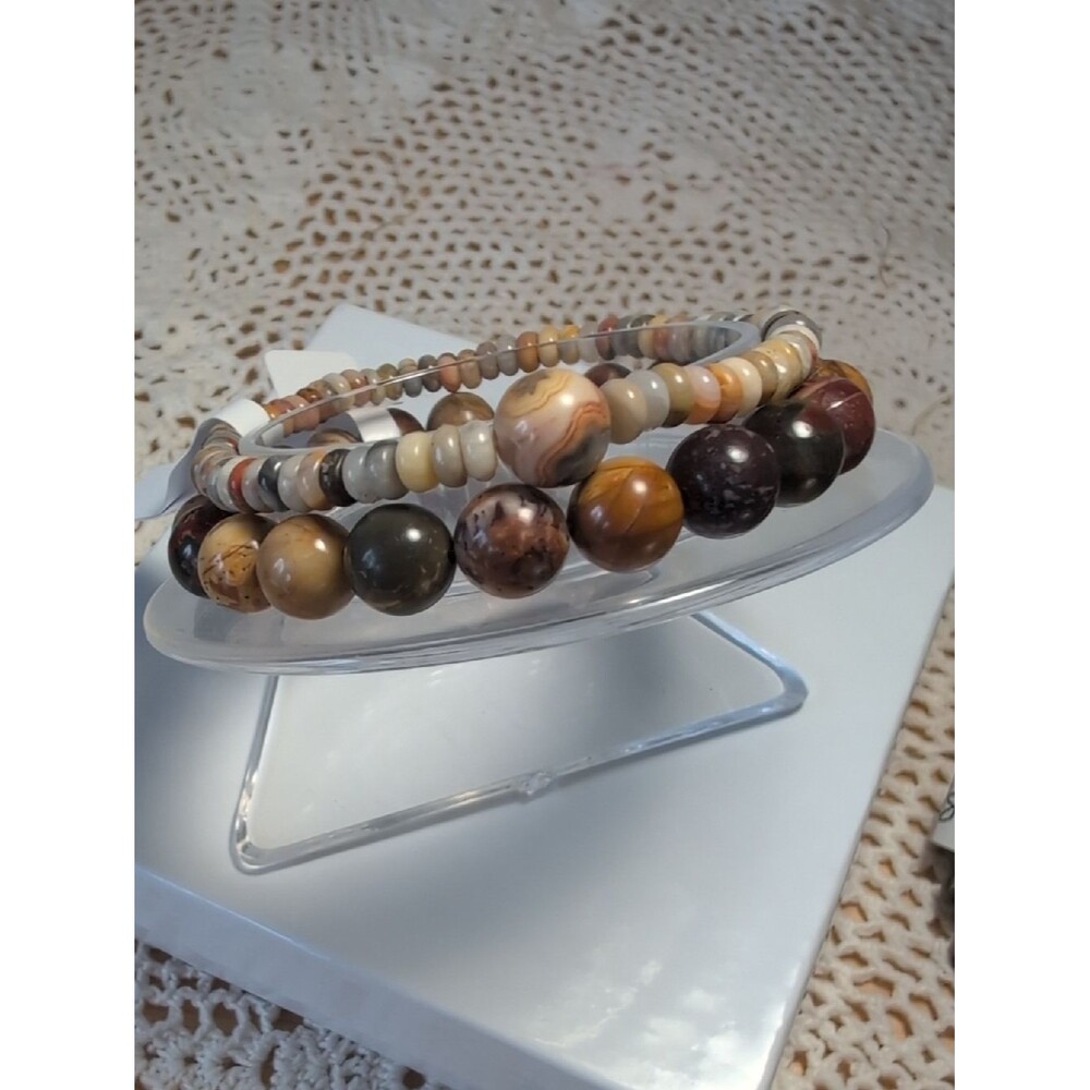 Handmade Stretch Bracelet Set- Crazy Lace Agate And Red Creek Jasper